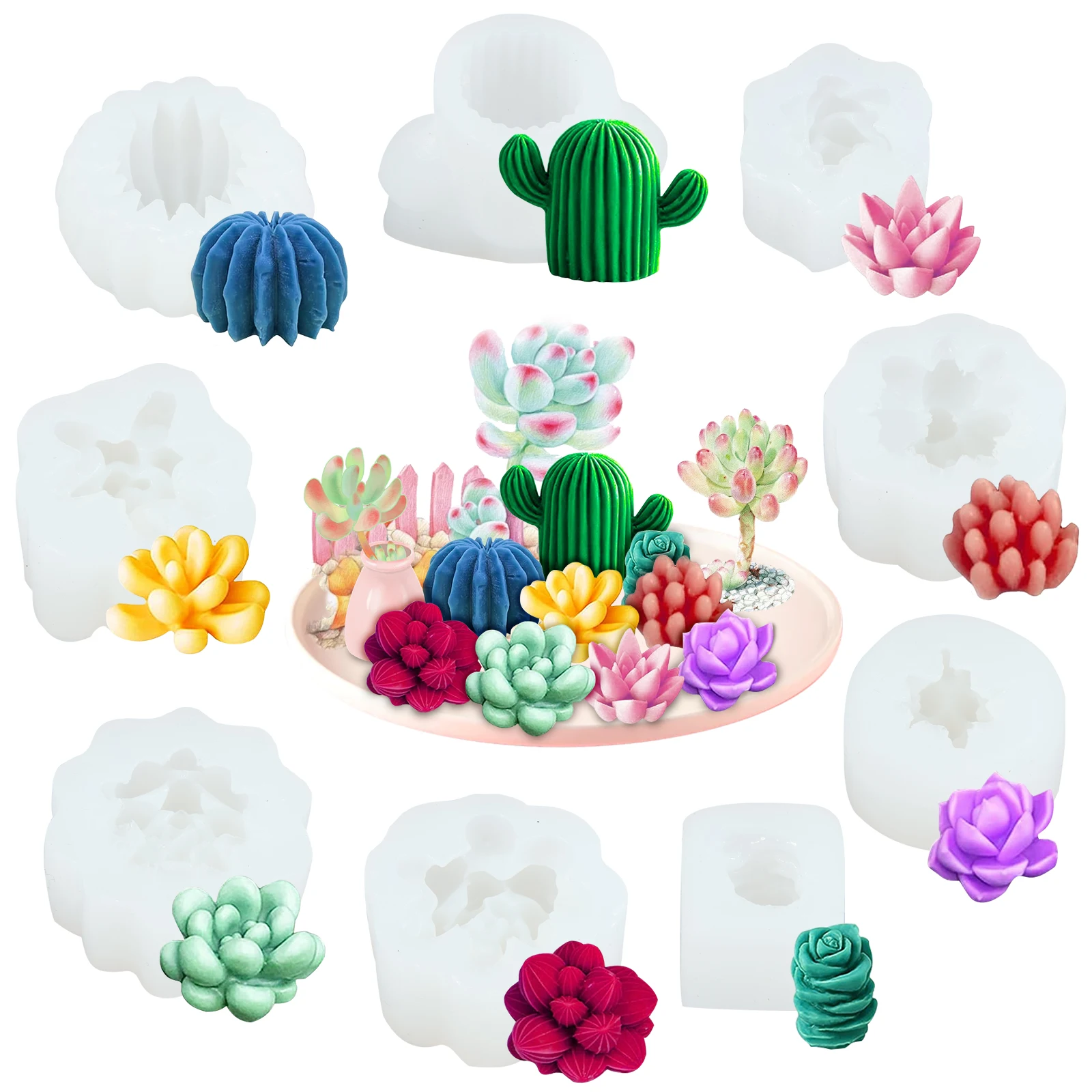 Juego de moldes para suculentas de silicona, 9 Uds., flor de Cactus 3D, fundición epoxi para velas perfumadas, decoración de pasteles y jabón, artesanía creativa para jardín