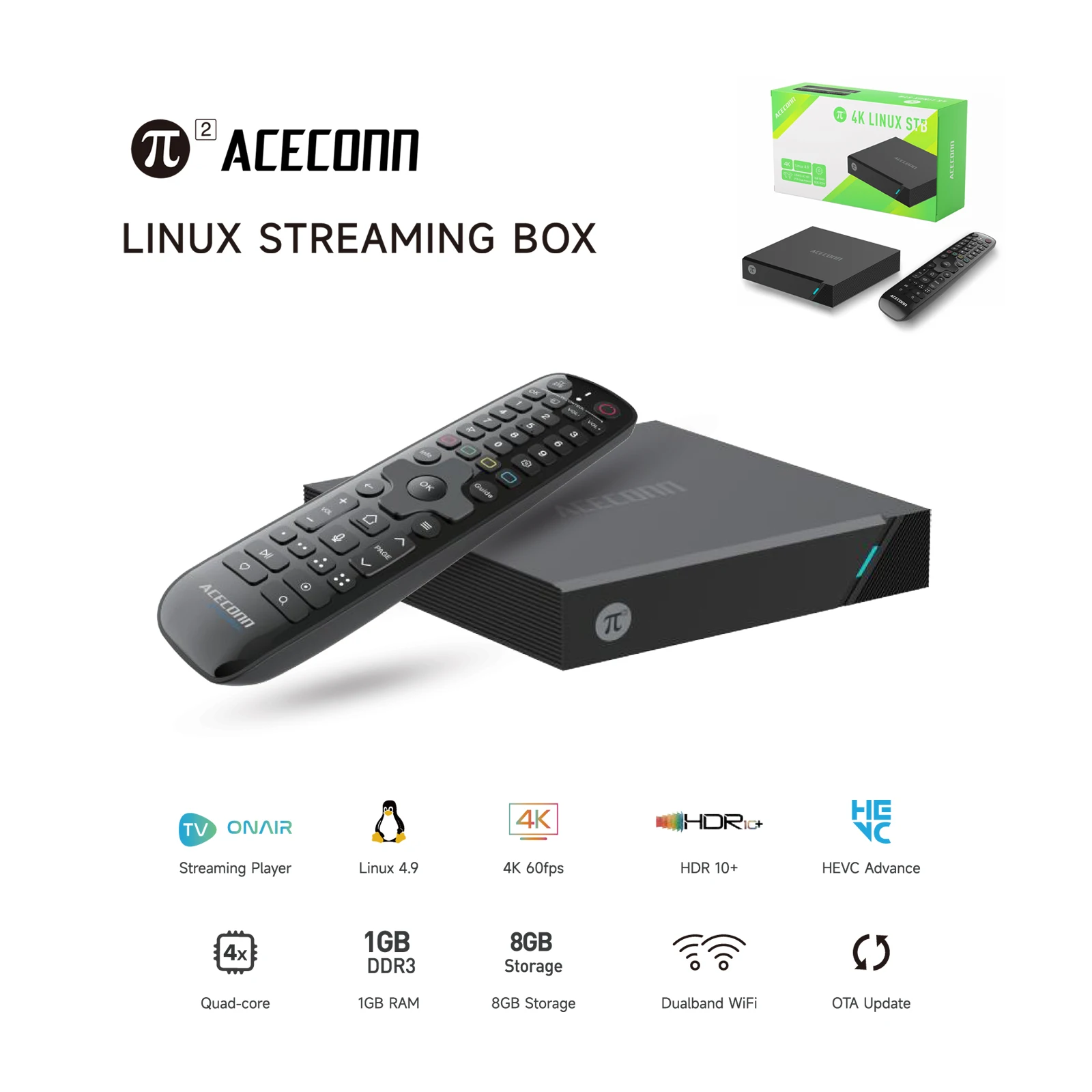 ACECONN Pi2 Linux 4K HD Super box IPTV TV Box - Full Format Decoding & Learning Remote Control STB Player