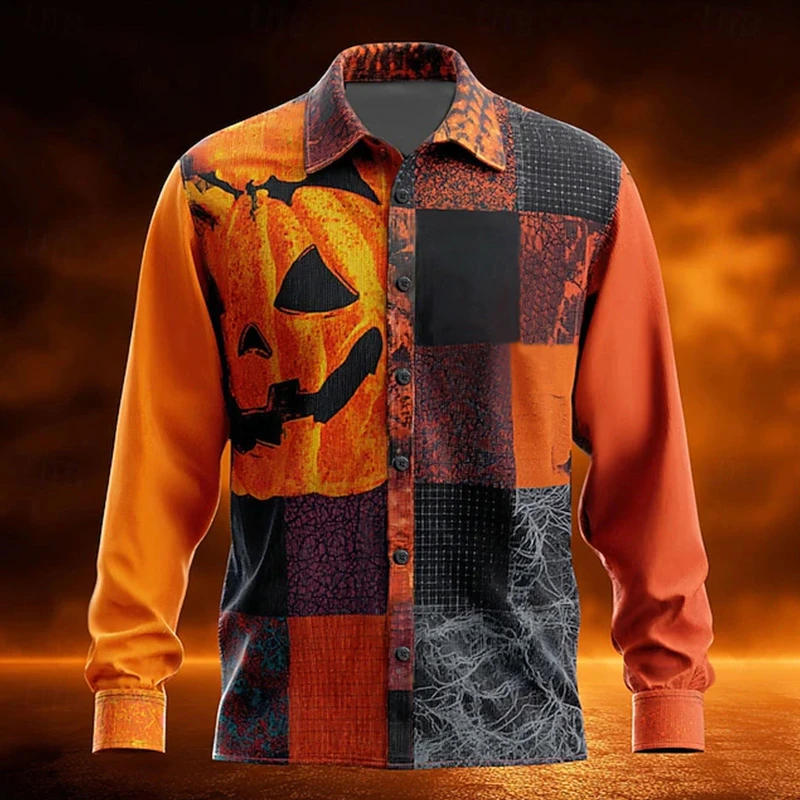 

Halloween Costume Retro Mens Color Block Pumpkin Patchwork Shirt Collar Button Long Sleeve Shirt Casual Outdoor 3D Printed Shirt