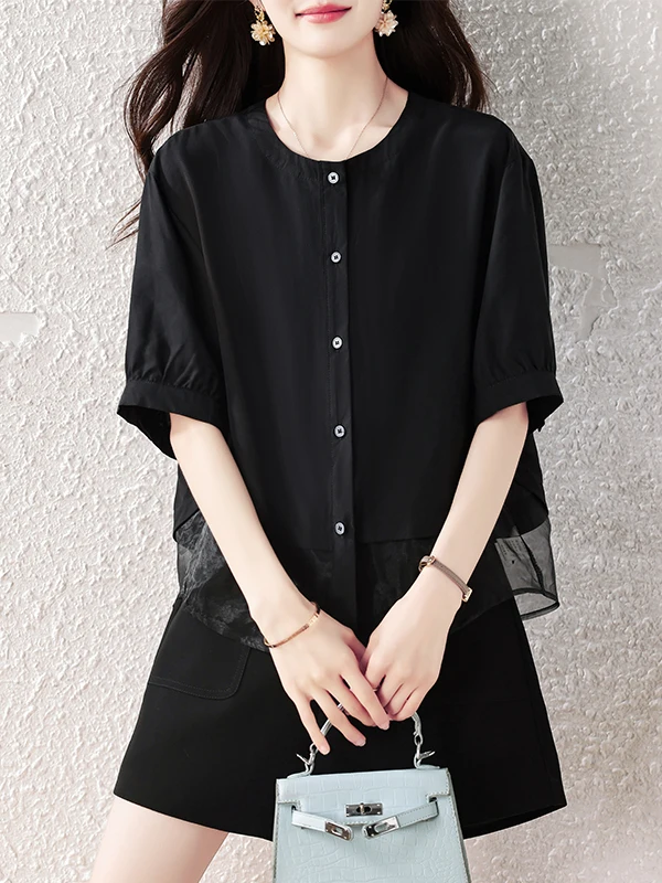 

plus Size Women's Fashion Short Sleeve Shirt Spring Summer New Style Conceal Meat Slim Waist Shirt Trendy Little Shirt