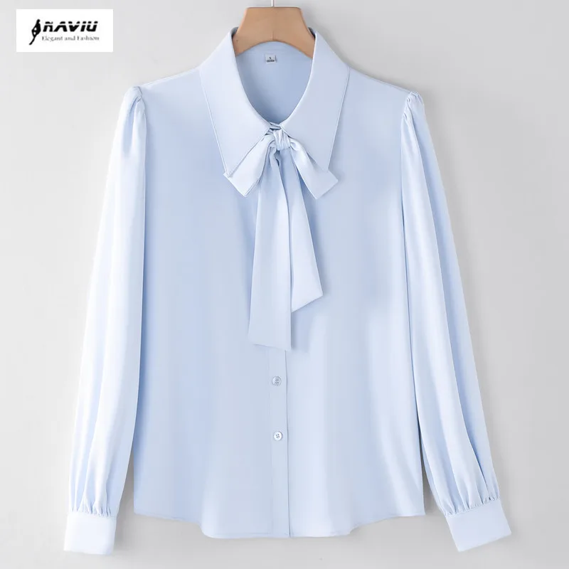 

NAVIU Sky Blue Bow Tie Shirt Women New Autumn Fashion Elegant Long Sleevee Loose White Blouse Office Ladies Work Tops