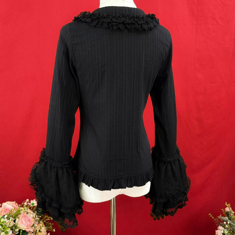 Victorian Gothic Lolita Shirts Women Elegant Lace Patchwork Peter Pan Collar Flare Sleeves Blouses Japanese Y2k Sweet Slim Tops