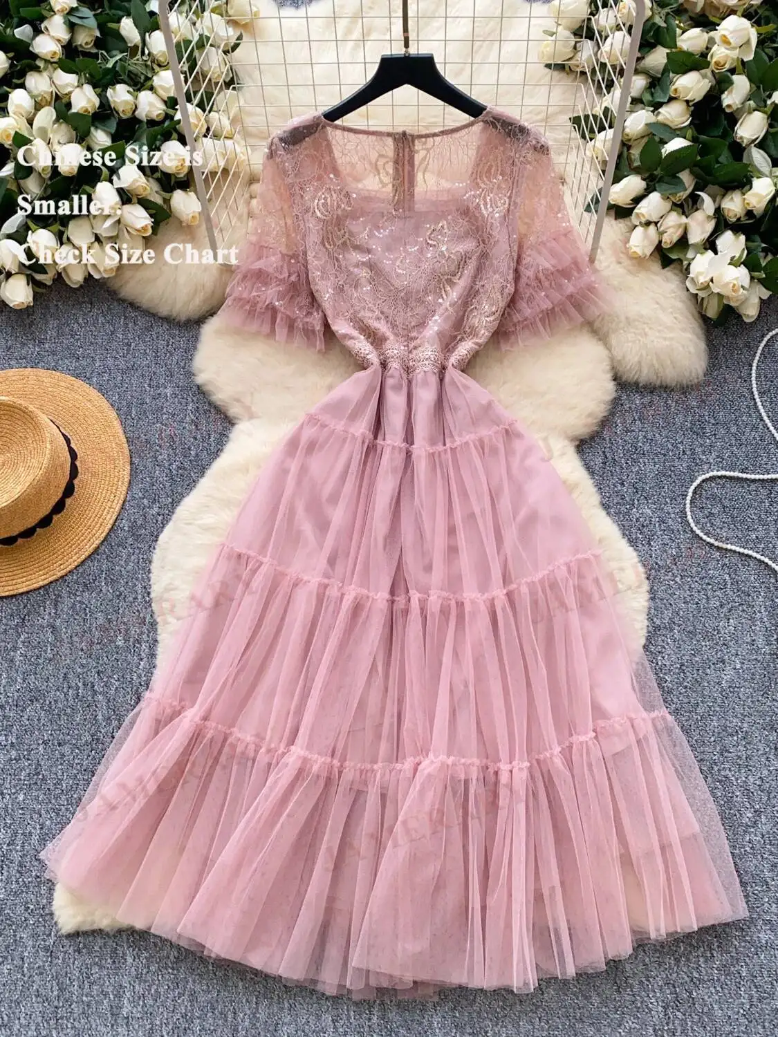 فساتين طويلة فاخرة للسهرات الرسمية والترتر من الدانتيل للنساء صيفية بأكمام قصيرة من التل فستان ميدي وردي جميل للحفلات الراقصة