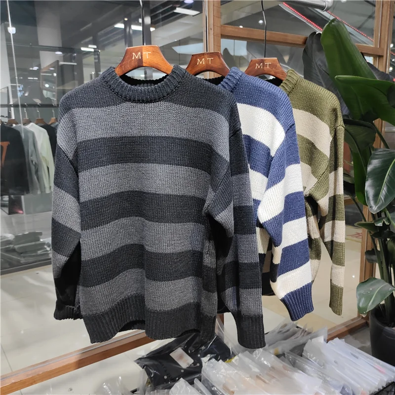 0586 High Quality Autumn and Winter New Heavyweight Thickened Striped Sweater Men's Trend Commuter Couples Loose Casual Knitwear