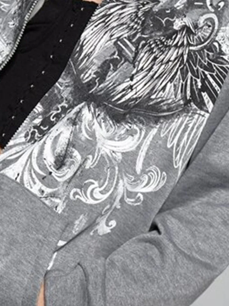 BIG PROMOTION European and American Autumn/Winter Women\'s Loose Version Personalized Street Eagle Print Zipper Cardigan Hoodie