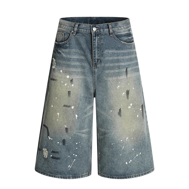 

American Retro Splaed Ink Design Jeans orts Men's Loose Straight Cut Spring Summer Casual High Waist Seven-Foot Pants