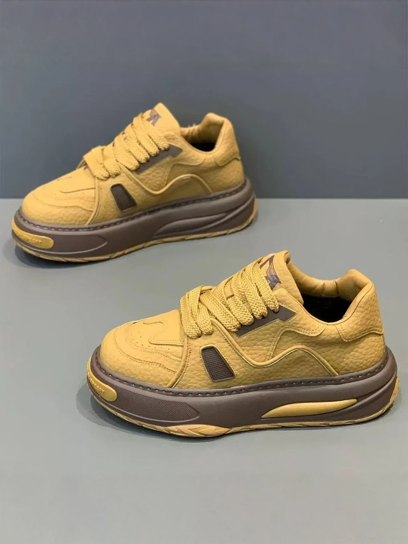 

Casual Sporty Men's Shoes Yellow Low-Top Anti-Slip Increase Height Shoes Breathable Leather Upgraded Version of Slip-On Sneakers