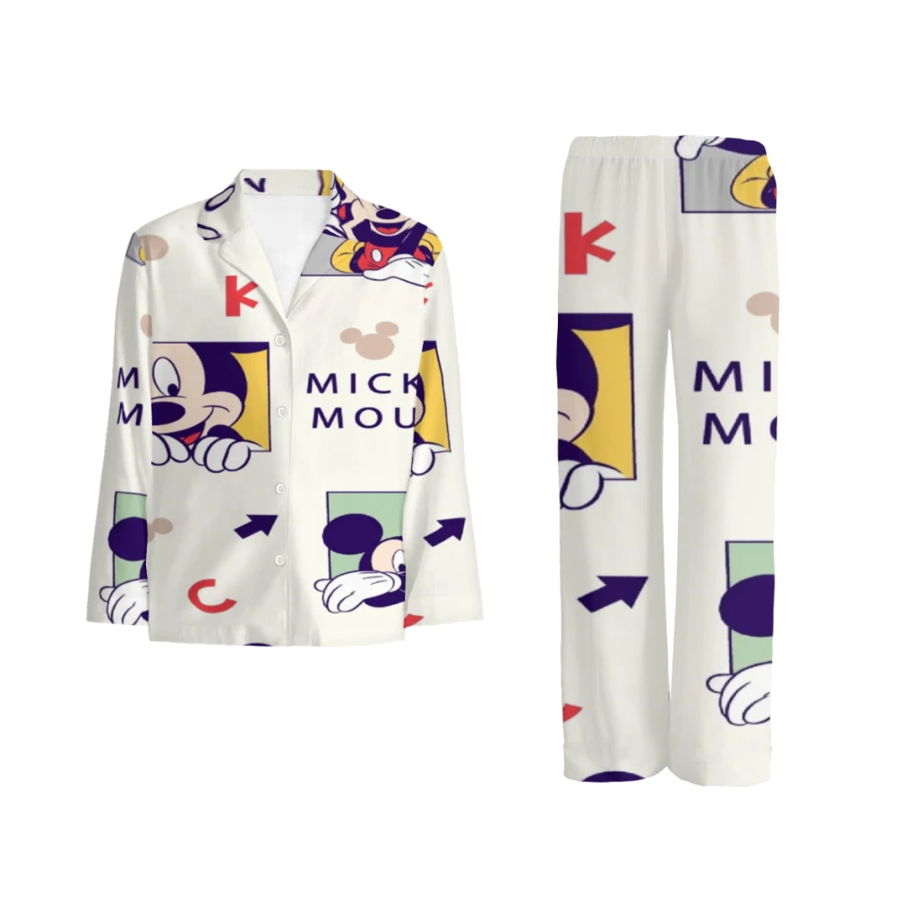 

Disney Mickey Mouse Printed pajama set, casual and comfortable buttoned long sleeve top and elastic waistband pants