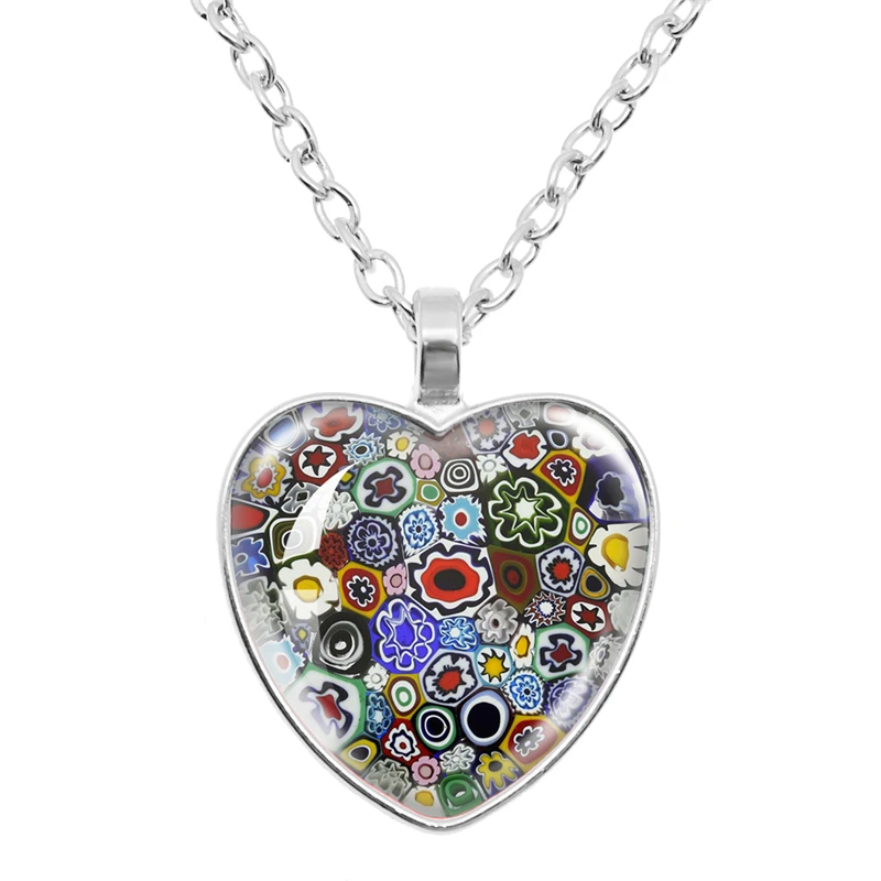 New Sales Tree Of Life Pendant 25mm Peach Heart Necklace Murano Millefiori Cabochon Necklace Jewelry For Women Men Gift