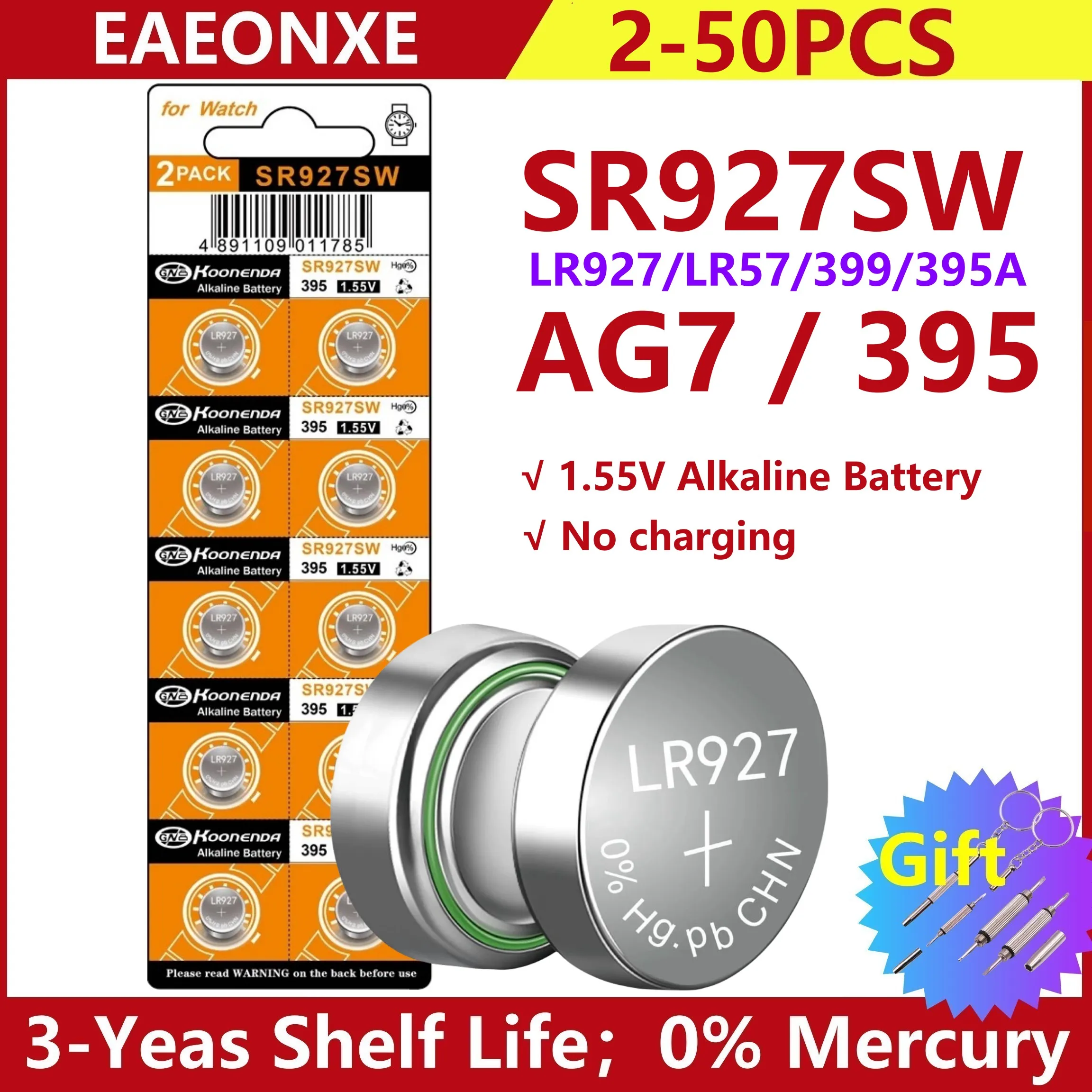 고용량 AG7 알카라인 1.55V 단추 셀 배터리, LR927 LR57 SR927W 399 GR927 G7 시계 리모컨 장난감 선물, 10-50 개