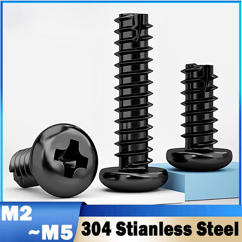 M2 M2.3 M2.6 M3 M3.5 M4 M5 Black 304 Stianless Steel PT Pan Round Head Self Tapping Wood Screw Tail-Cut Phillips Cross Recessed