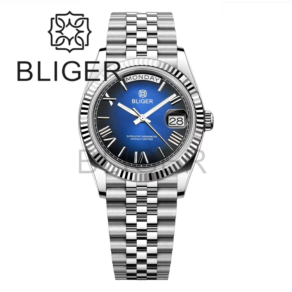 BLIGER Luxury Gradient Blue Men's Mechanical Automatic Watch Sapphire glass Week Day Dual Calendar 36mm39mm WaterproofWristwatch