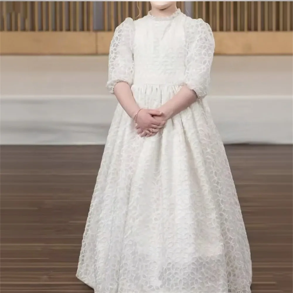

Customized Flower Girl Dress For Wedding High Neck Half Sleeves Puffy Kids Birthday Party Dress First Communion Gown Customized