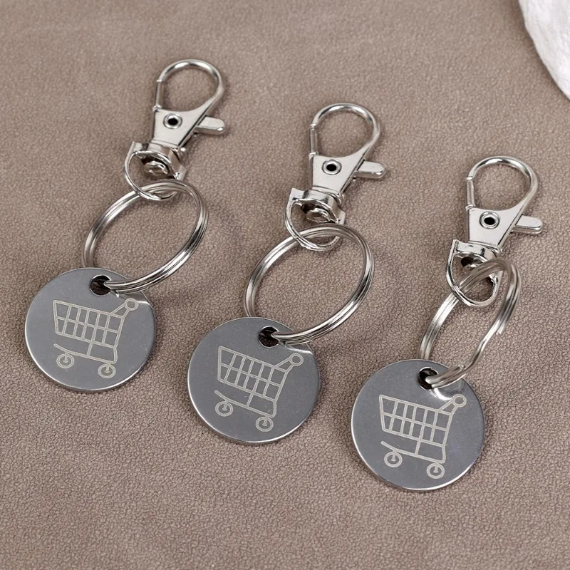 1/20Pcs Shopping Cart Trolley Tokens Key Ring Mini Metal Silver Color Keychains Remover Coin Label Stainless Steel Decoration