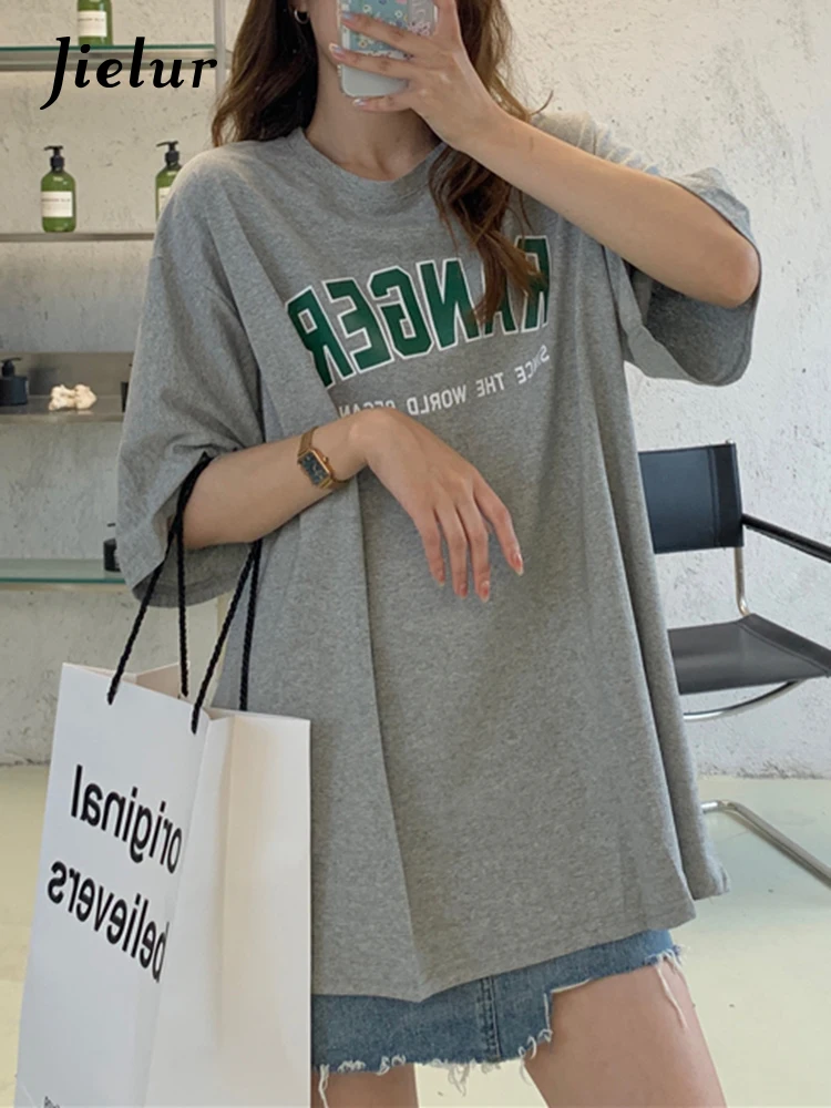 Jielur Basic Letter Women T shirt O-Neck Cool Summer Fashion Female T-shirts White Navy Short Sleeve Loose BF Harajuku Top Tees