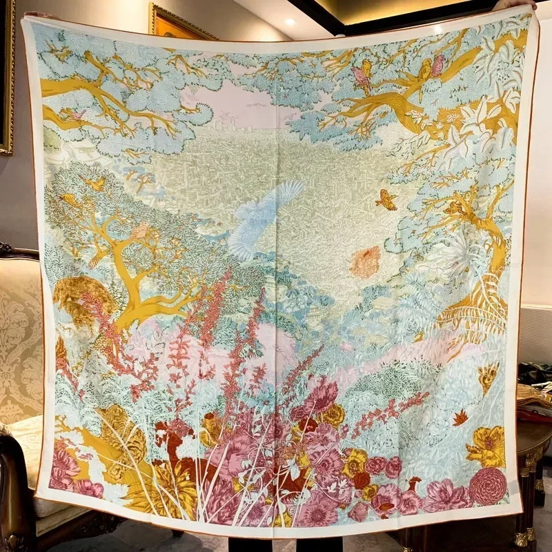 High-end Elegant Women Exquisite City Garden Double-sided Printed Quality Silk Wool Hand-rolled Edge Large Square Scarf Shawl