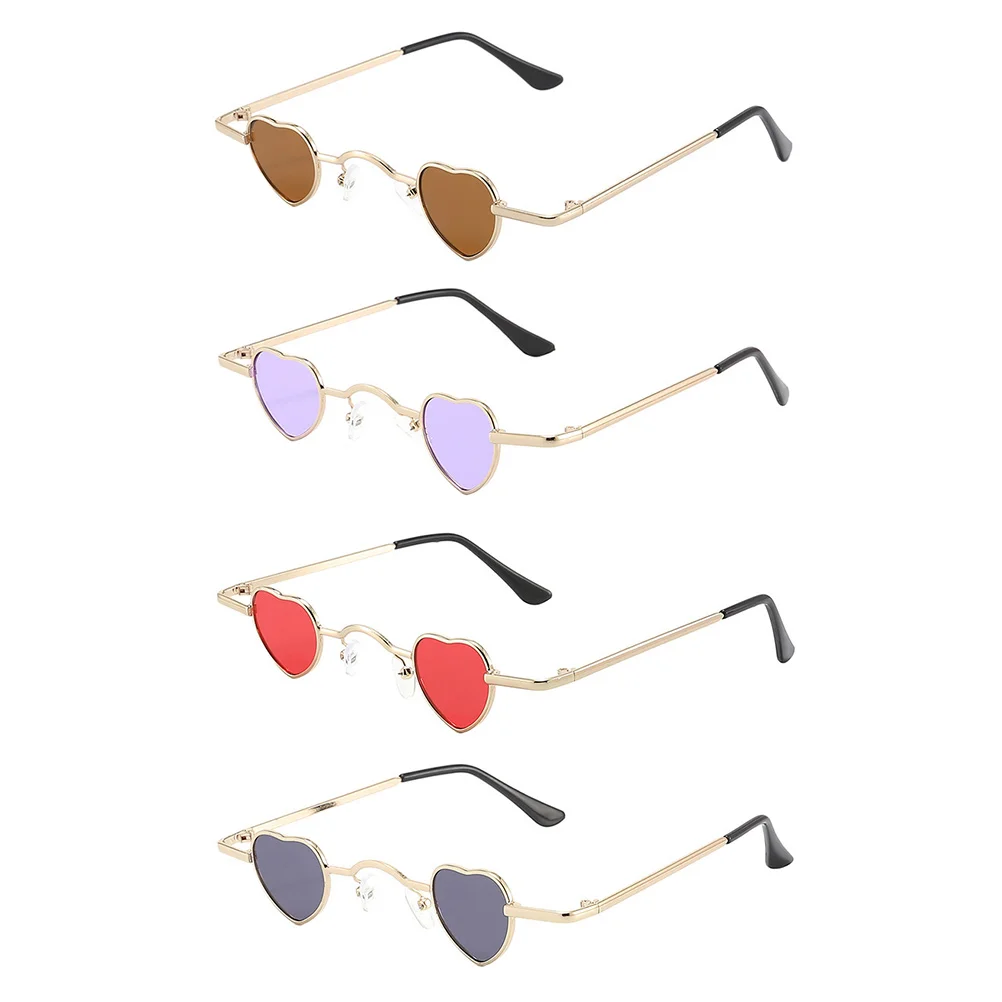 

4 Pcs Heart Shaped Sunglasses Metal Frame Women Men UV400 Protection Party Summer Beach Travel Black Gray Purple Brown Lenses