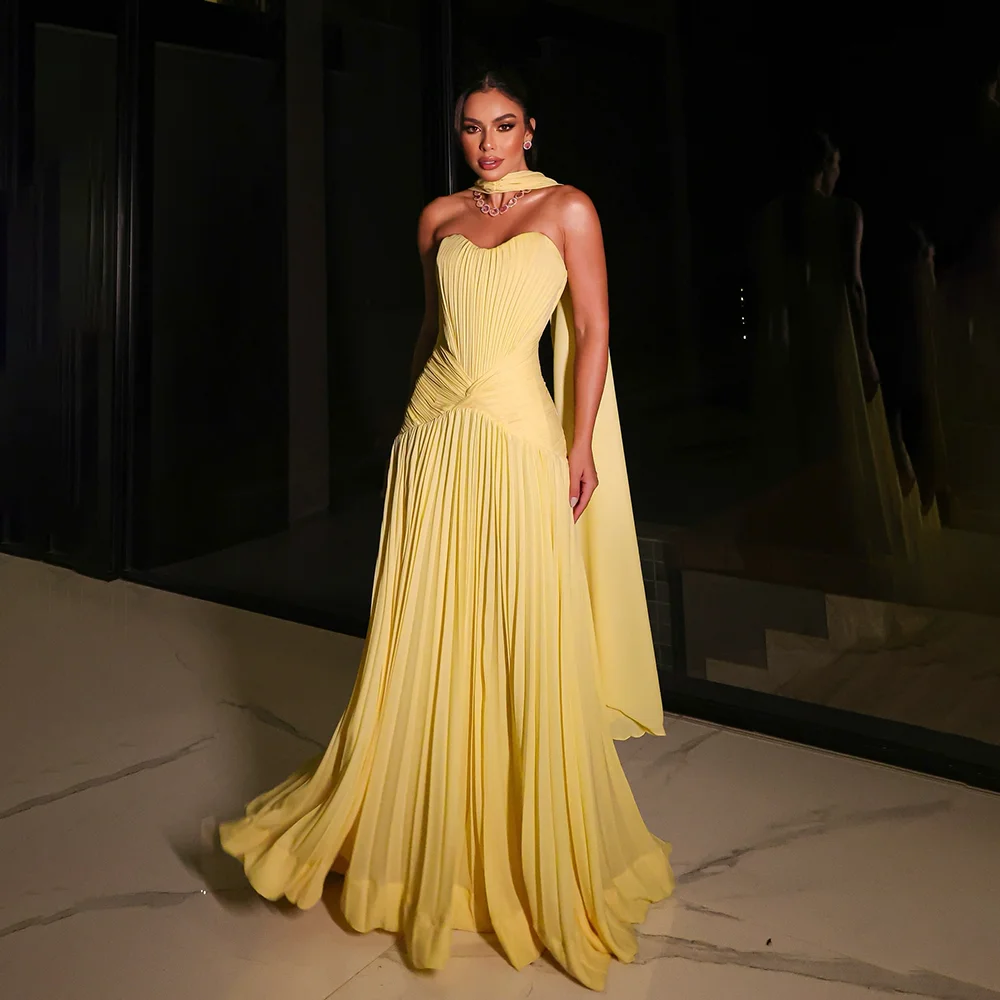 

Yellow Evening Dress with Scarf Strpless Pleat Chiffon A Line Floor Length Evening Gown Dubai Long Formal Party Dress Customized