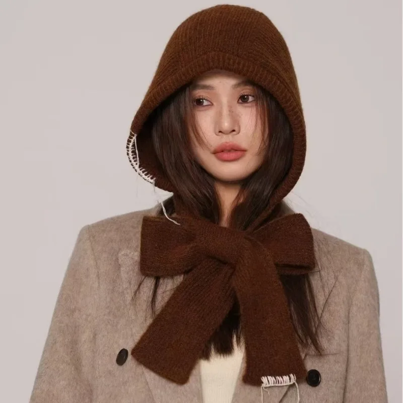 Knitted Hood Scarf Integrated Hat Bow‑Knot Decor Raw Edge Stitching Neck Warmer Thermal Winter Hat for Ladies Daily Outdoor Wear