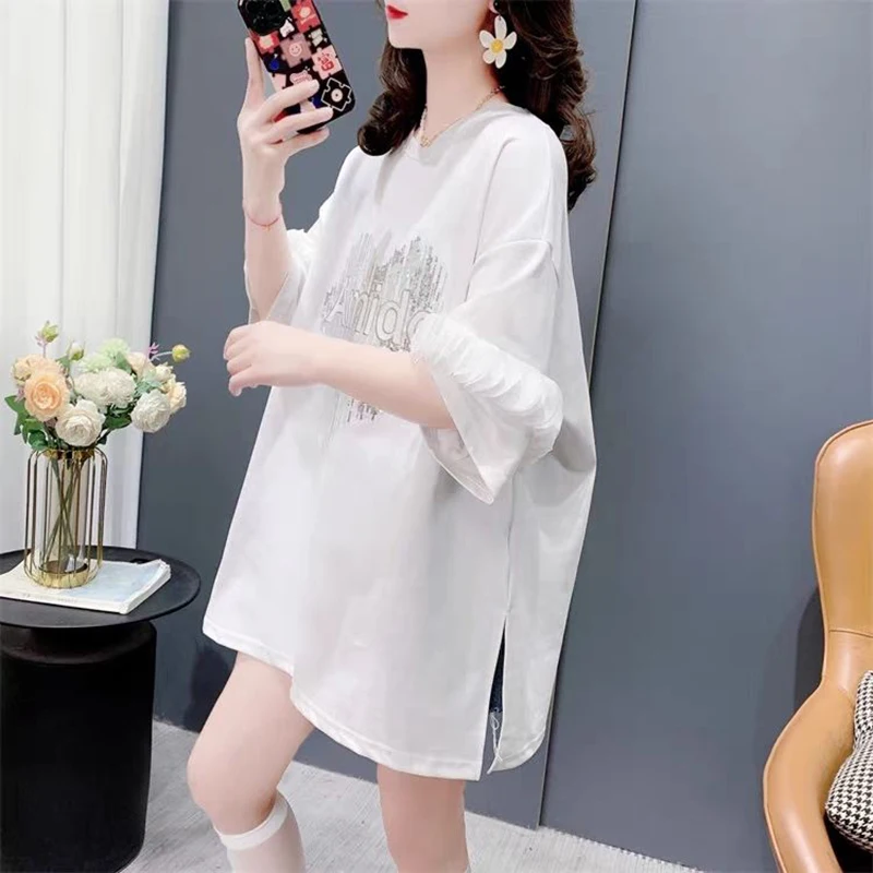 Fashion O-Neck Spliced Ruffles Split Sequined T-Shirts Female Clothing 2024 Summer New Loose Korean Tops All-match Tee Shirt