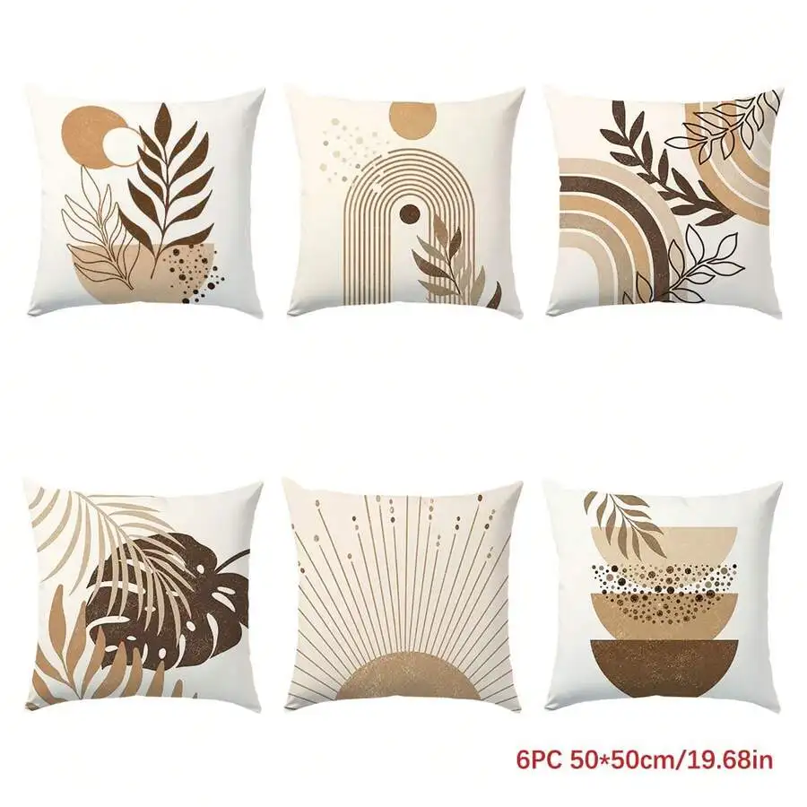 6pcs Minimalist Daily Abstract Brown Leaf Geometric Cushion Covers, Single-Sided Printed Peach Skin Velvet Material, 45*45/50*50