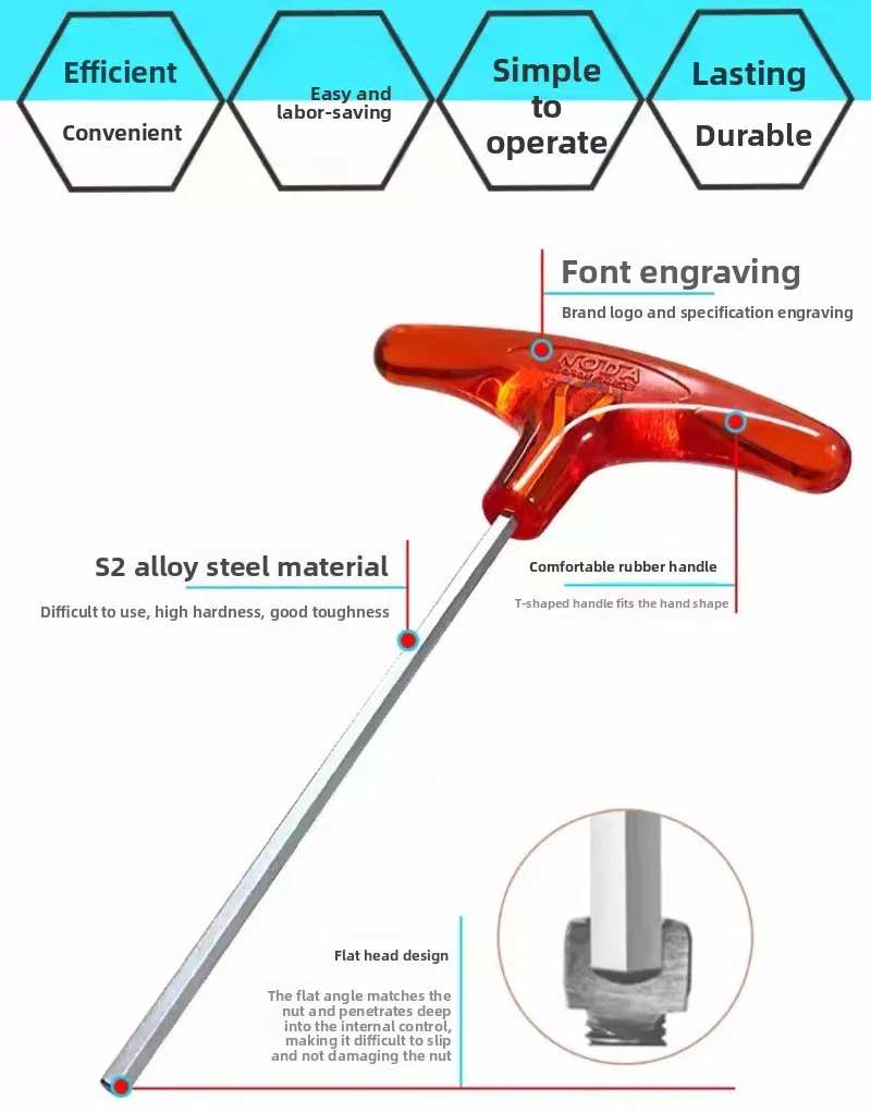 NODA Japanischer T-förmiger Sechskantschlüssel, metrisch, 1,5 - 10 mm, einzelner roter Griff, T-förmiger Sechskantschlüssel, ideal für mechanische Reparaturen – Detail 2