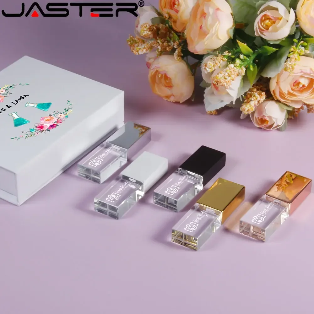 Crystal USB Flash Drive 128GB Free LOGO USB 2.0 Memory Stick 64GB Pen Drives with Box 32GB Wedding Gift Pendrive 16GB U disk 8GB