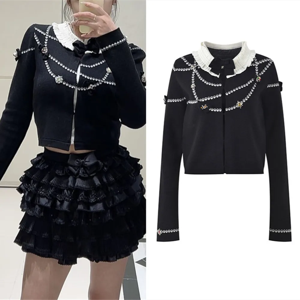 الراقية الأوروبية Sle اللؤلؤ التطريز طويل Sve سترة محبوكة المرأة الحلو فضفاضة تناسب معطف ort تنفس