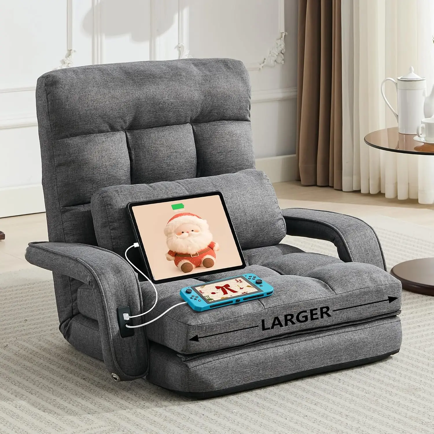 2 USB Charging Ports Floor Chair with Adjustable Backrest 90°–180° 5-Position Recline Gaming Sofa Chair