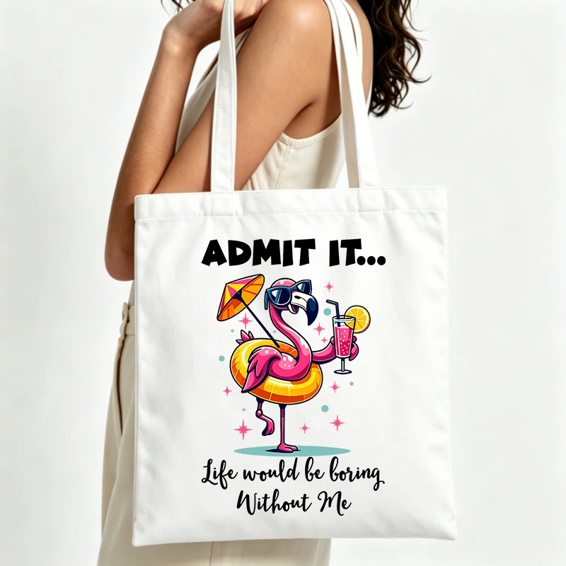 flamingo with drink graphic canvas tote bag, casual style for summer outings and daily shopping