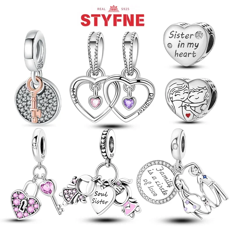 

S925 Silver Forever Love Mother Family Sister Heart Charms Beads Fit Pandora Original Bracelet Charm Diy Family Gift for Women