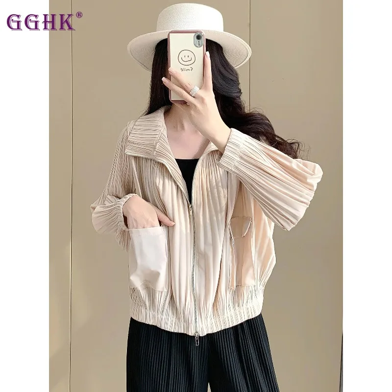 

Women Windbreaker Jacket - Solid Color Collar Long Sleeves Zipper Pockets Loose Fit Plus Size Fashionable Casual Coat