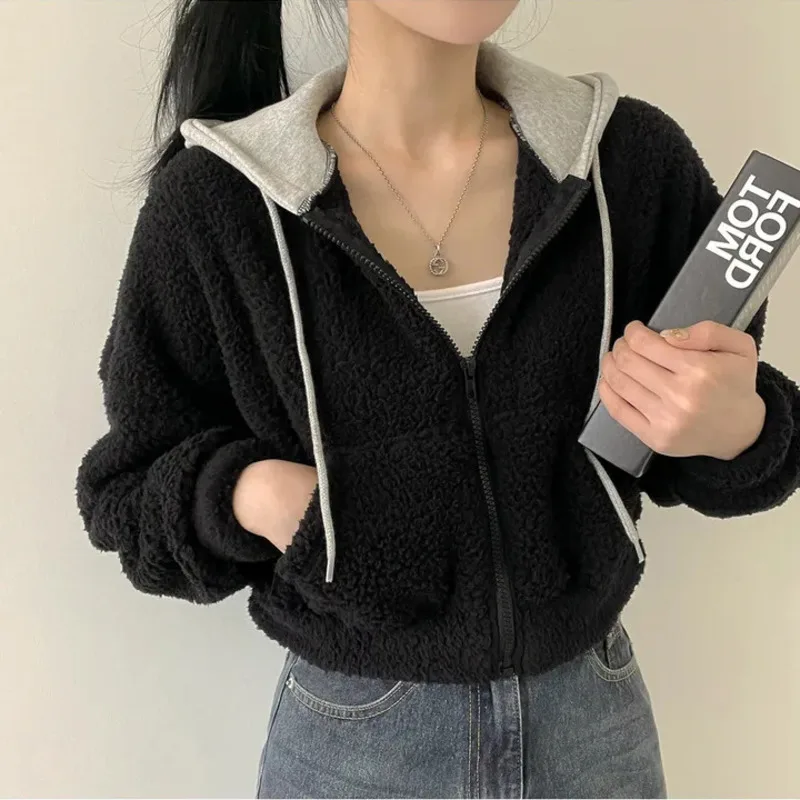 2023 Autumn Winter Street Fashion Lamb Wool Zip Up Solid Short Hoodies Women Sweet Loose Long Sleeve Hooded Sweatshirt