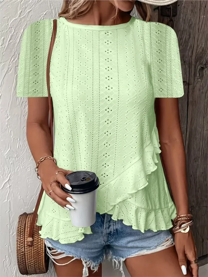 

Fashion Pinhole Ruffled Pleated Cross Women's Short-sleeved T-shirt Summer Casual Loose And Versatile Female Seaside Tops 2025
