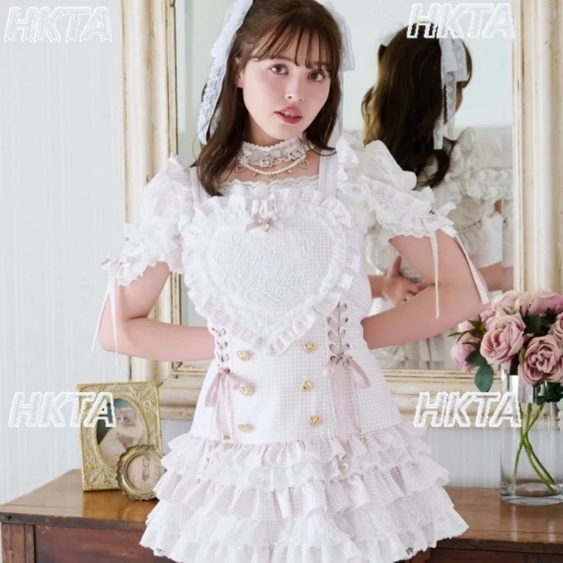Japanese Jirai Kei Plaid Heart Embroidery Ruffle Lace Bow Mini Dress 2 Piece Set Women Summer New Subculture Lolita Dress Outfit