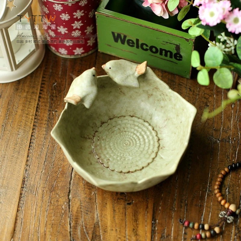 

European pastoral ceramic candy dish soap box retro home decor bird lotus dessert plate