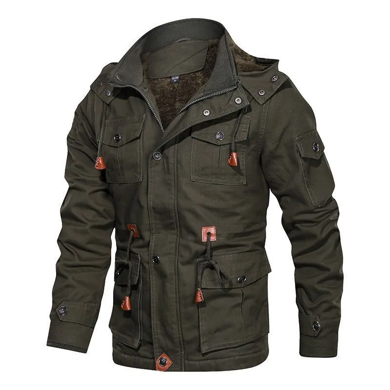 Men Winter Jackets Hooded Casual Down Jackets Military Coats Men Cotton Casual Fleece Long Jackets Male Outwear Tooling Jackets