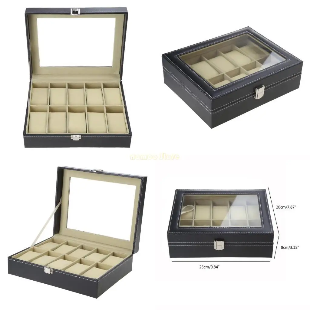 

31BF 10 Grids Watch Box PU Leather Watches Display for Case Jewelry with Lo