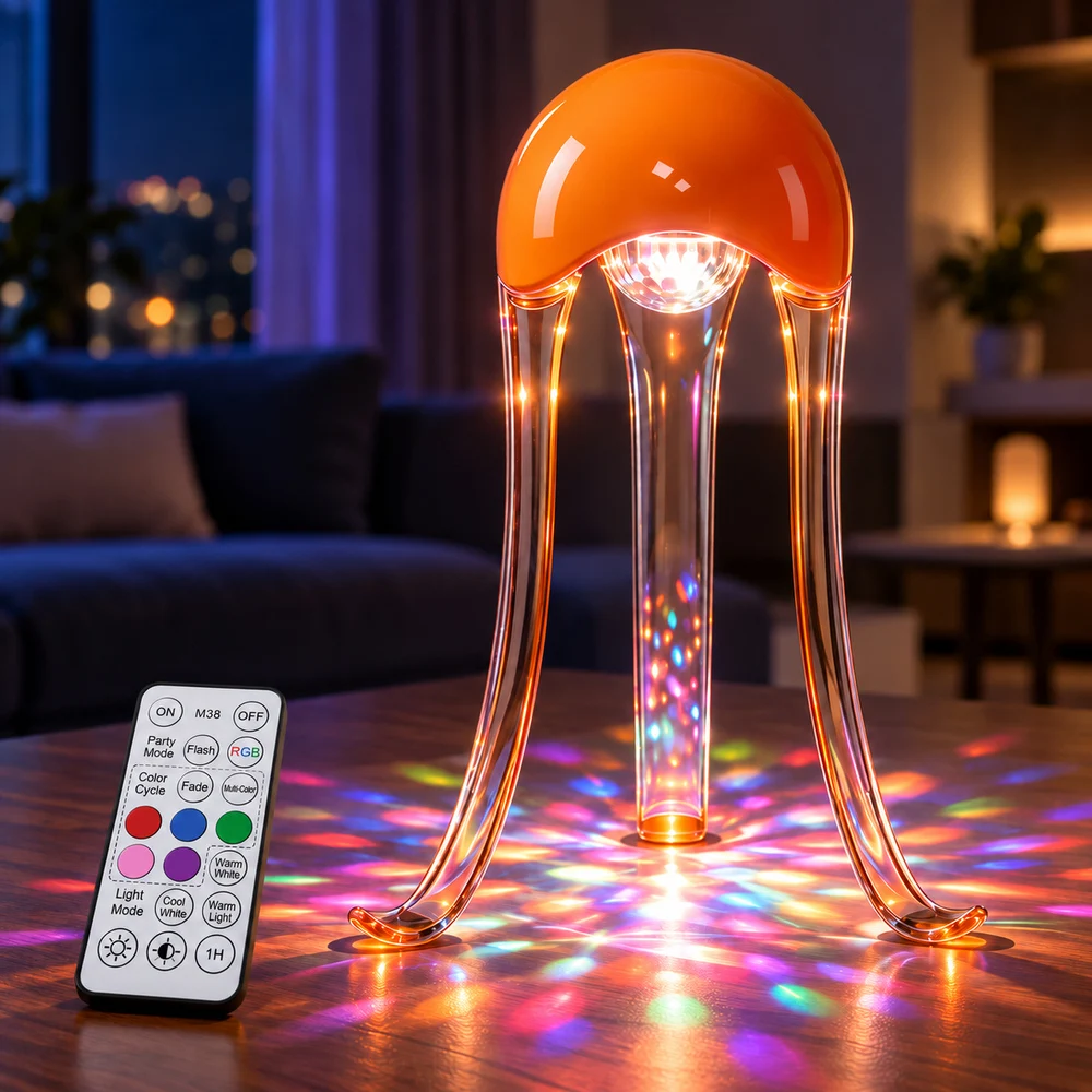 RGB Jellyfish Party Light with Remote & Touch Control USB-C Rechargeable Sound Reactive Dimmable Lamp for Bedroom Decor