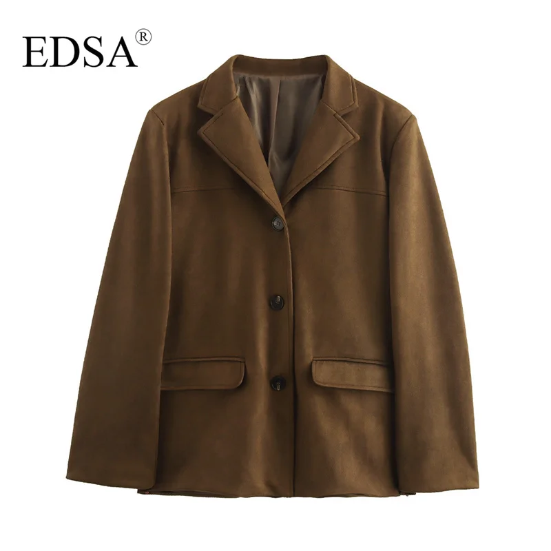 EDSA Women Suede Blazer Jacket with Flap Pockets for Office Lady Single Breasted Long Sleeves Suits Coat Outerwear