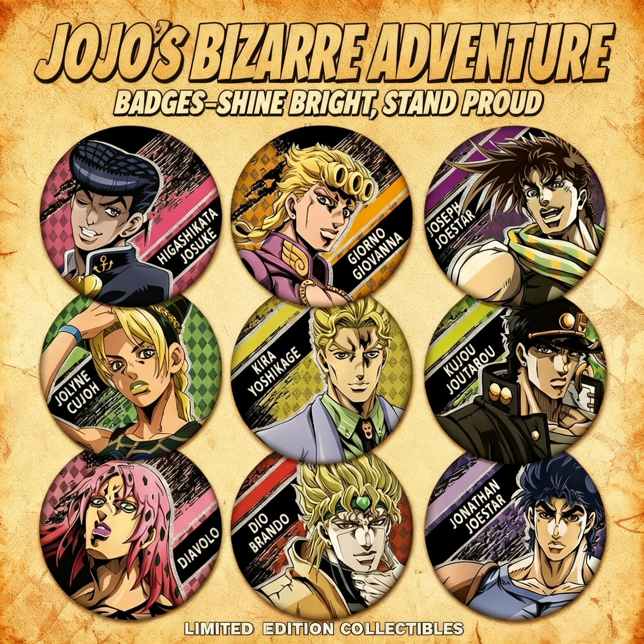 

JOJO Bizarre Adventure Anime Cosplay Gift Badge Pin High Definition Printing Anime Merchandise 75mm 58mm Double Flash Anime