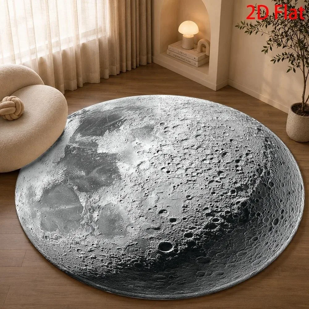 Realistic Grey White 3D Cratered Moon Round Area Rug Non Slip Floor Mat For Space Themed Bedroom Living Room Decor Gift