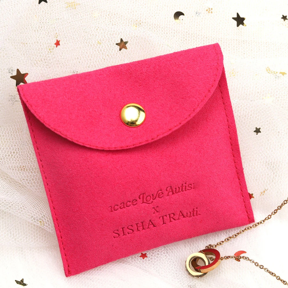 

8x8cm Custom Logo Microfiber Jewelry Pouch Bulk Jewellry Packaging Bags for Earrings Necklace Bracelet Velvet Button Gift Sack