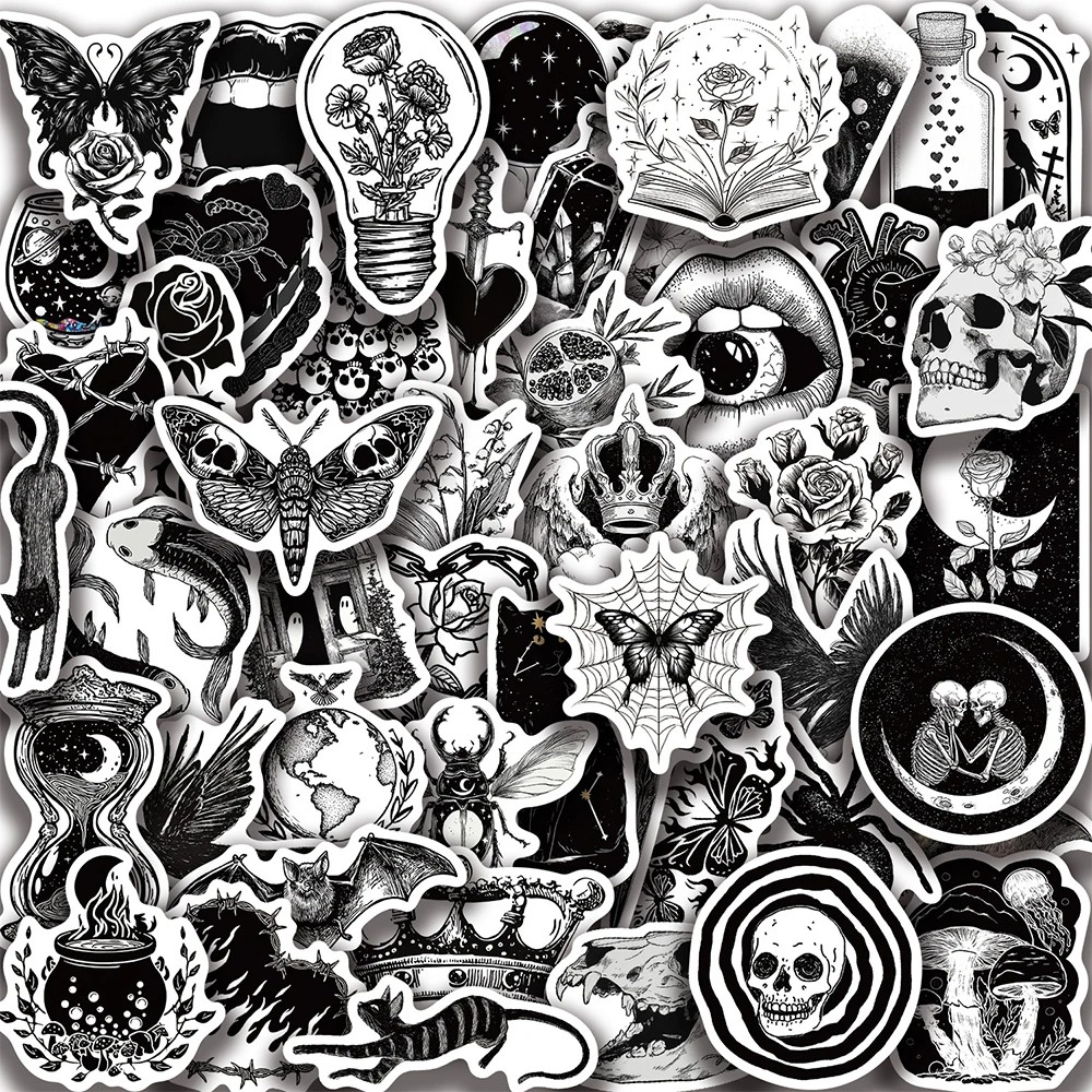 10/30/50pcs Gothic Horror Dark Romance Black White Skeleton Stickers Decorative Notebook Scrapbook Diary Art Aesthetic Decal Toy
