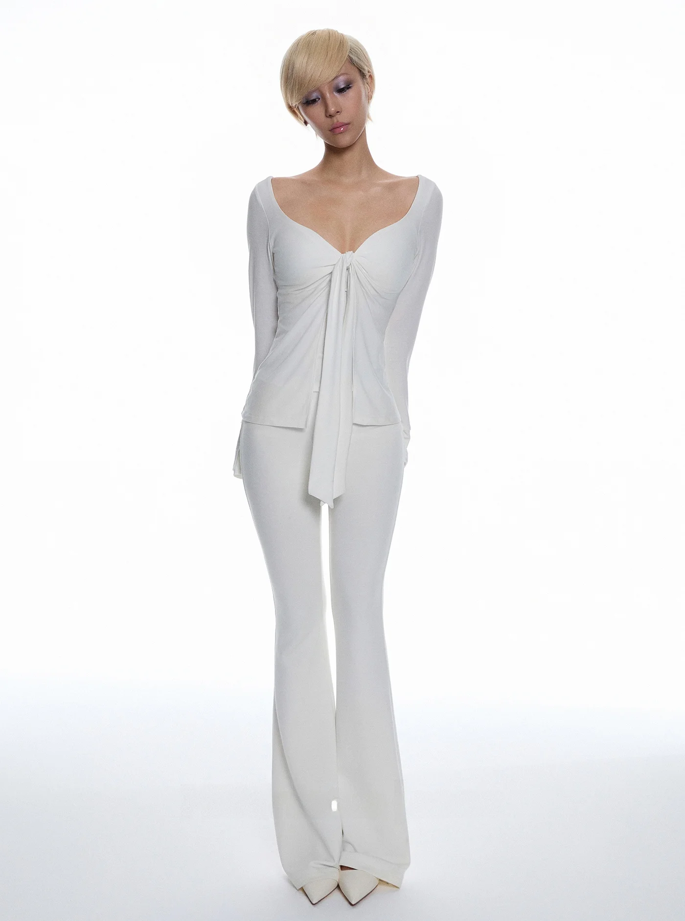 

White Pure Desire Set with Belted Split Design And Flared Sves Faionable Casual Cotton Blend Tee Piece Women's Ensemble