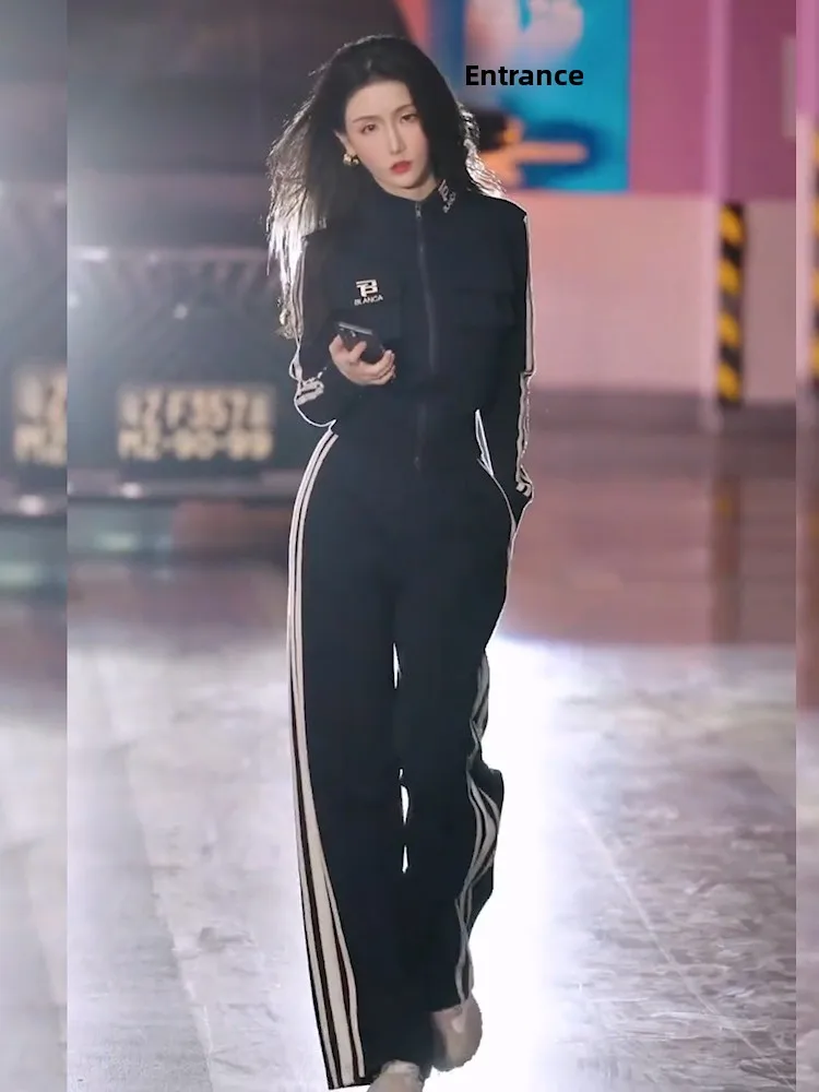 

Cool Sporty Women's Two-Piece Set Autumn Brand Station Open Cardigan Top Wide Leg Pants Casual Sportswear Long Sleeve Zipper