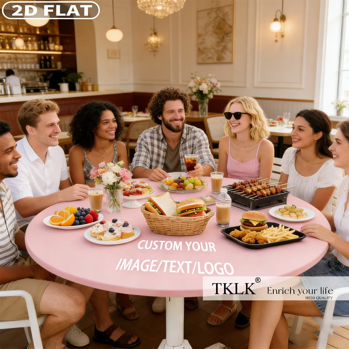 2D FLAT 1pc Custom Round Spandex Table Cover - Personalized with Photo, Text & Logo, Elastic Fitted & Washable for Round Tables