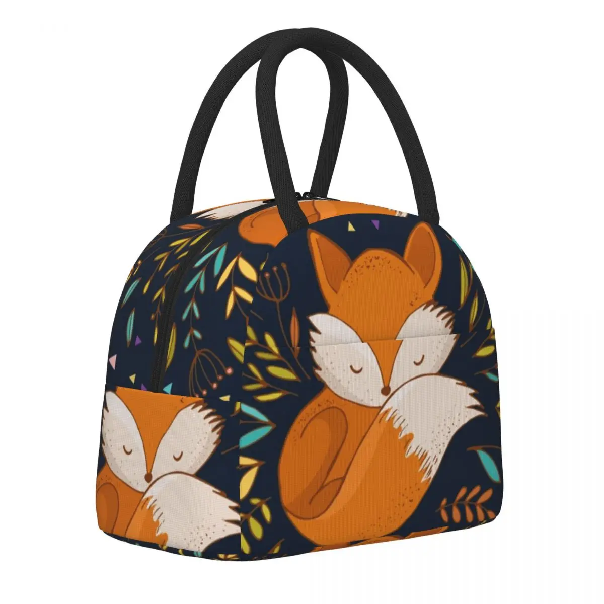 

Cute Fox Flowers And Triangles Lunch Bag Animal Vintage Lunch Box Office Tote Handbags Waterproof Graphic Design Cooler Bag