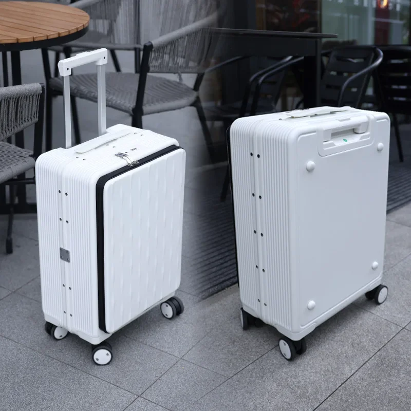 

20-inch Boarding Suitcase with Front Opening Lid 16-inch Aluminum Frame Trolley Case Pure PC Black Computer Case Supplier Travel