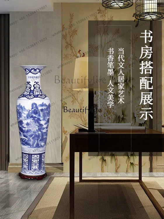 Factory Direct Ceramic hand-painted blue and white porcelain floor-to-ceiling vase new Chinese living room